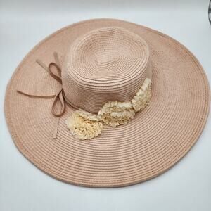 August Hat Company Wide Brim Floppy Hat Woven Floral Tie Detail Beach Tropical